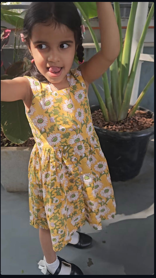 Yellow floral Handblock frock with back tie - with lining