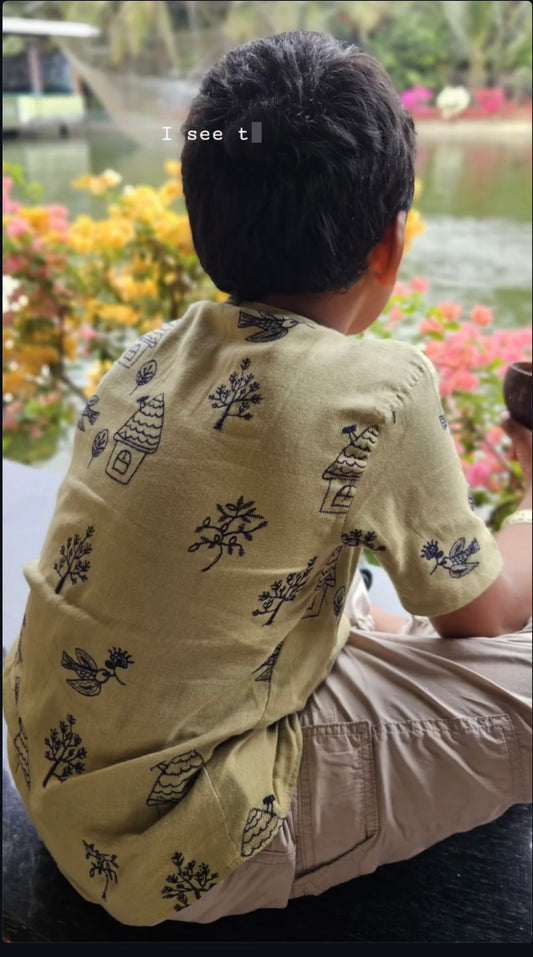 Muslin Shirt Green - Mandarin collar with  Embroidery