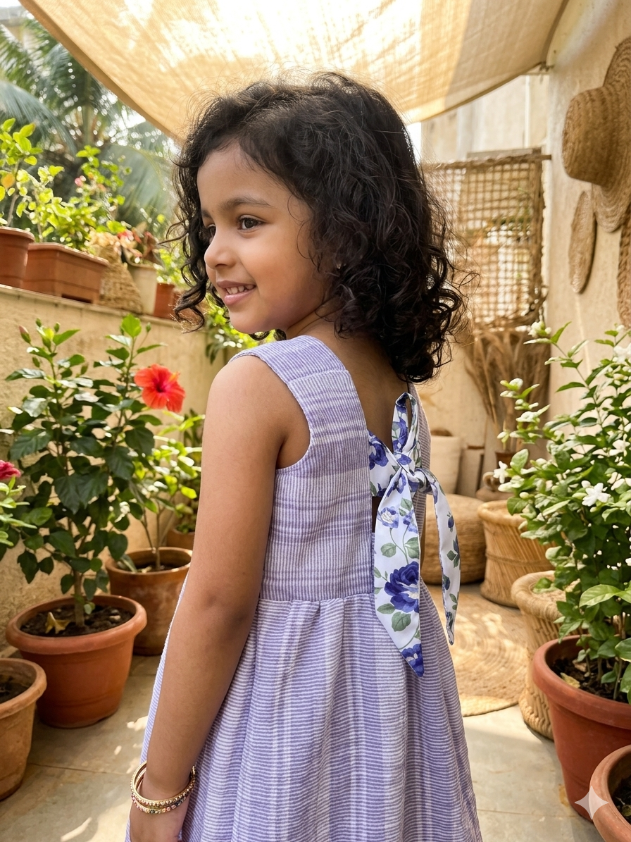 Lavendar Muslin frock with back tie - with lining