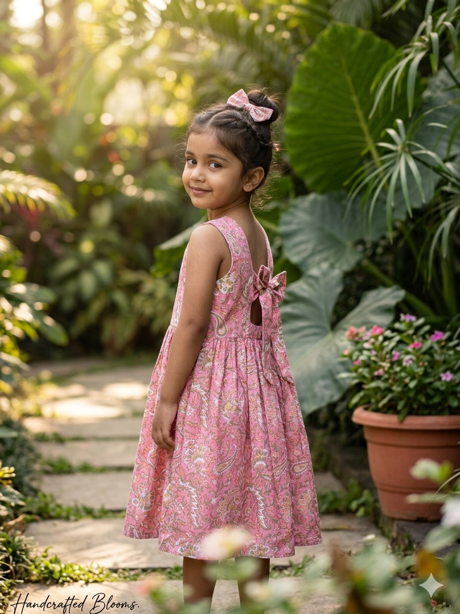 Pink floral Handblock frock with back tie - with lining