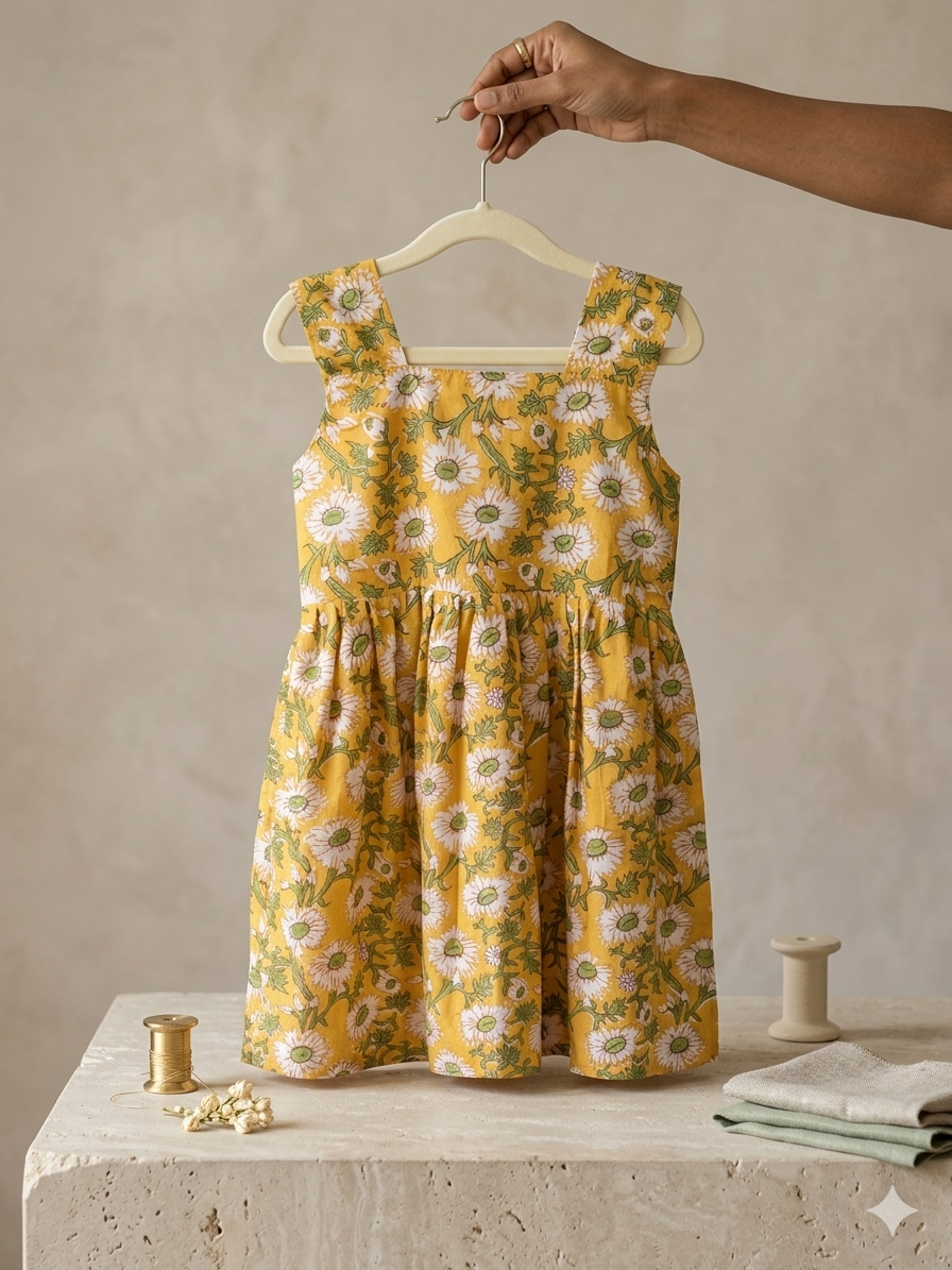 Yellow floral Handblock frock with back tie - with lining