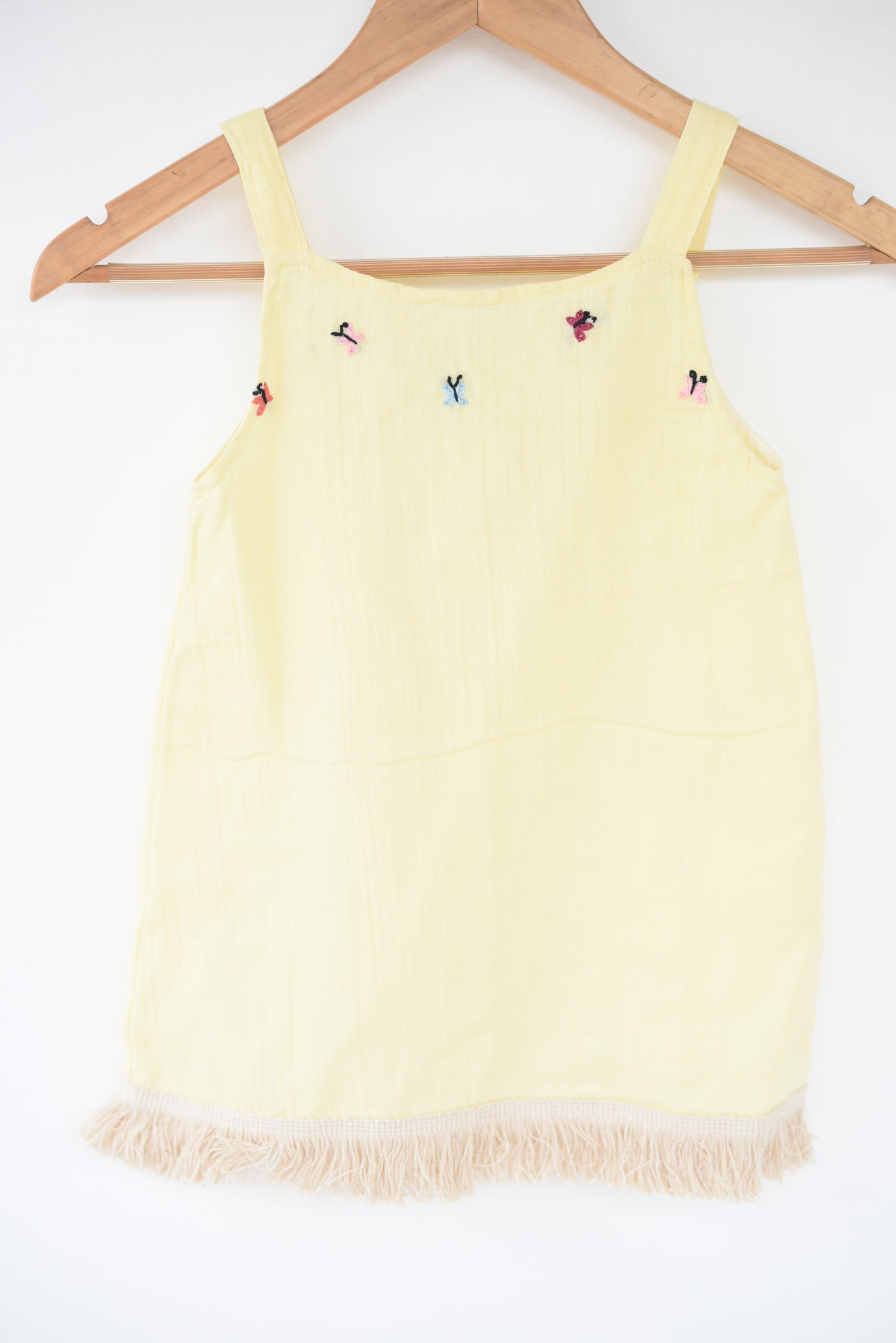 A line Muslin Mini pinafore dress with lace-Yellow