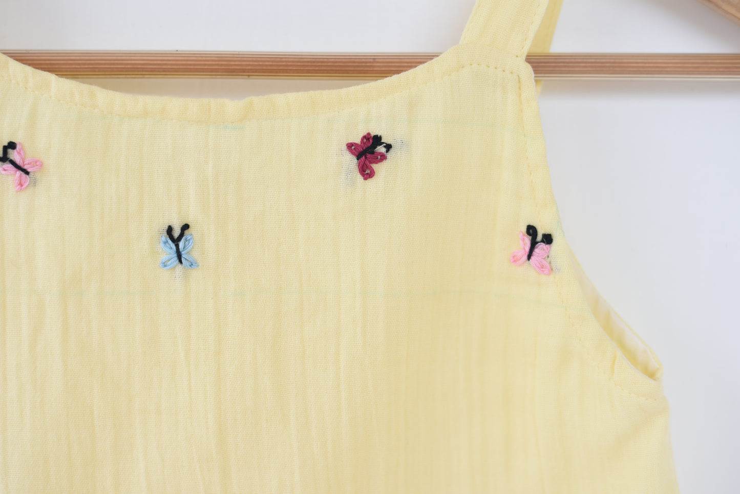 A line Muslin Mini pinafore dress with lace-Yellow