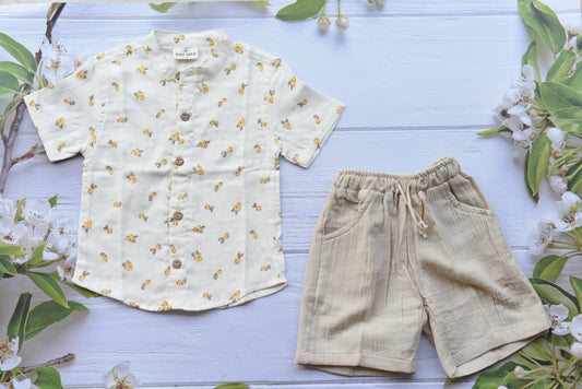 Boys muslin co-ord sets- white lemon shirt with grey shorts