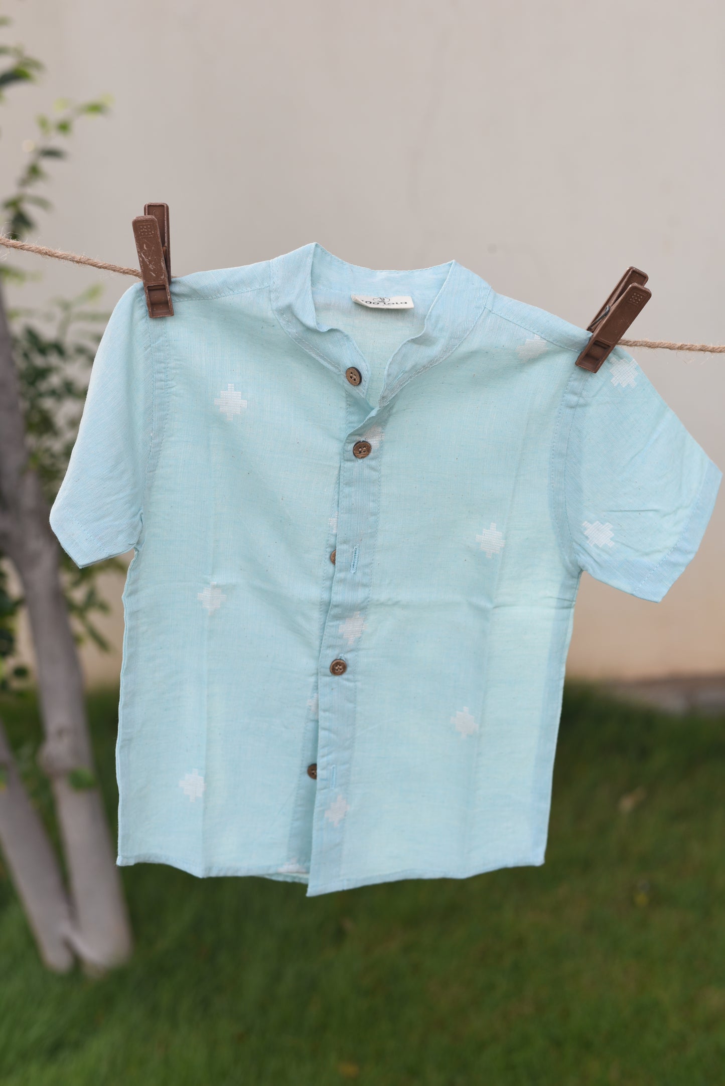 Handloom Shirt- Mandarin collar (Blue and white butta)