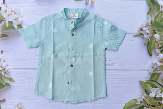 Handloom Shirt- Mandarin collar (Blue and white butta)