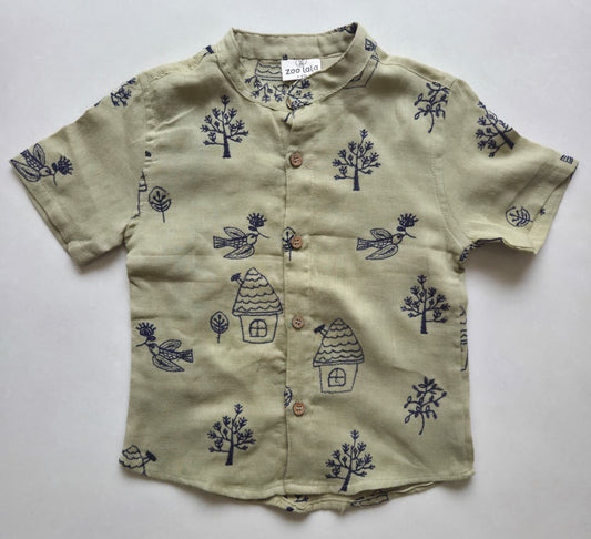 Muslin Shirt Green - Mandarin collar with  Embroidery